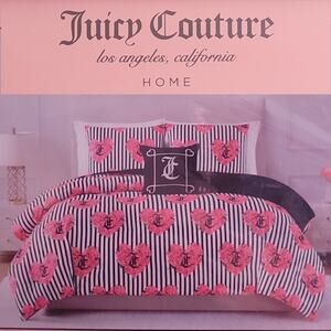Juicy Couture Heart Roses JC Monogram Black White Stripes Queen 4 Pc Bed Set NIP